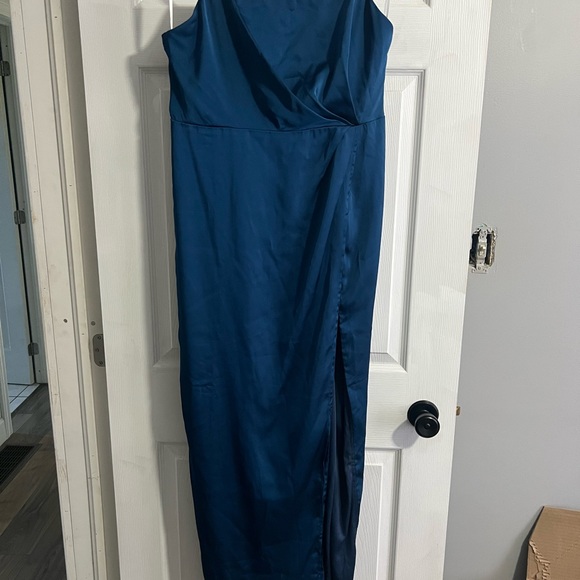 Destiny Awaits Navy Blue Satin Faux-Wrap Maxi Dress - Picture 3 of 4